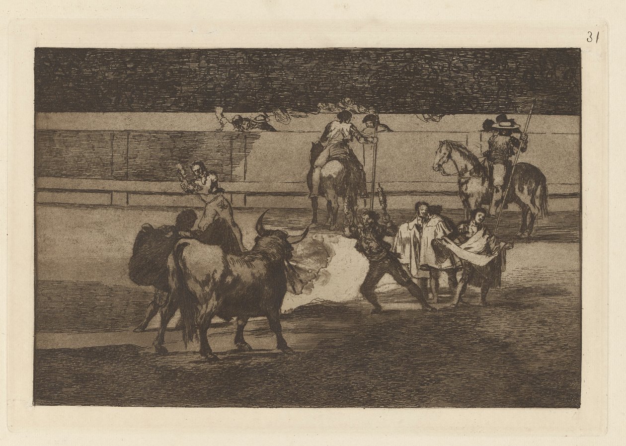 Banderillas met Vuurwerk, Plaat 31 uit La tauromaquia door Francisco de Goya