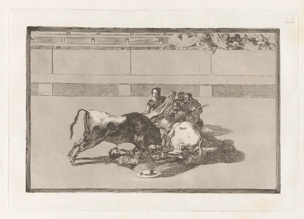 Een picador valt van zijn paard onder de stier, Plaat 26 uit La tauromaquia door Francisco de Goya