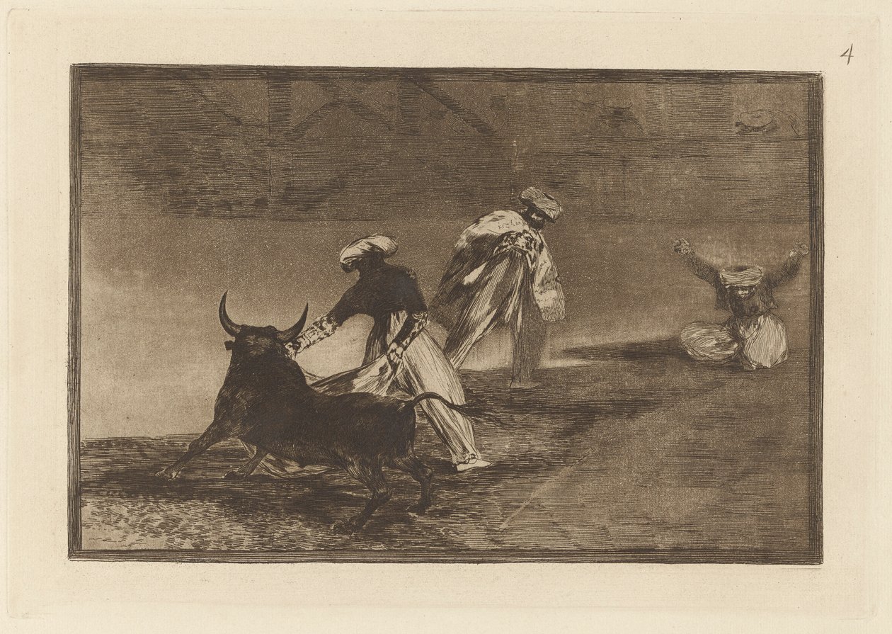 Ze spelen een ander met de cape in de omheining, Plaat 4 uit La tauromaquia door Francisco de Goya