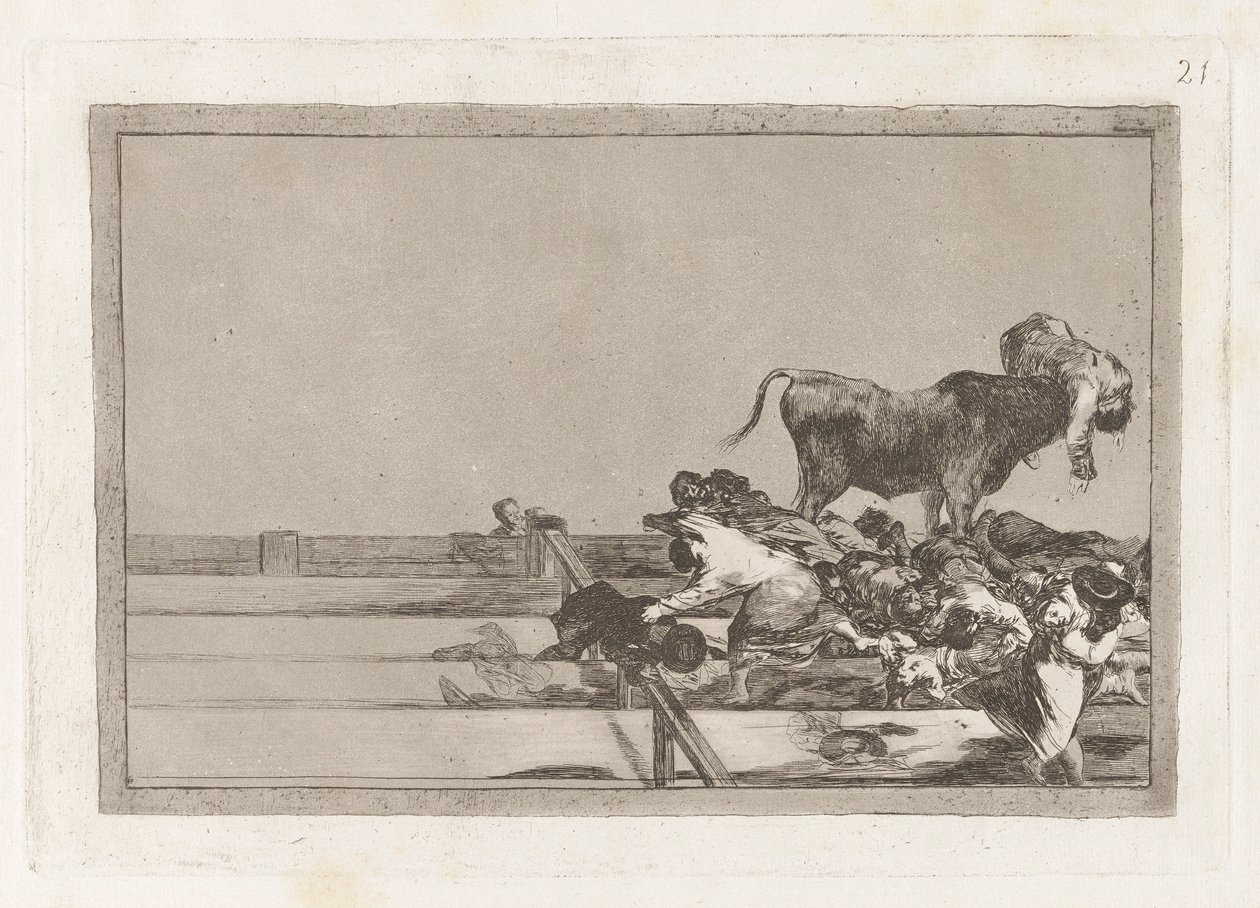 Vreselijke Gebeurtenissen in de Voorste Rijen van de Ring in Madrid en de Dood van de Burgemeester van Torrejon, Plaat 21 uit La tauromaquia door Francisco de Goya