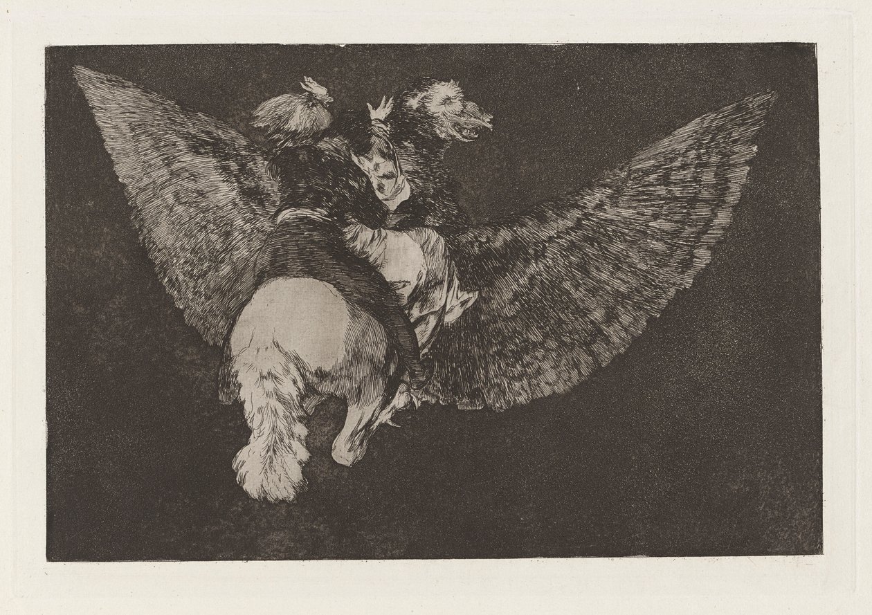 Disparate volante (Vliegende Dwaasheid), ook bekend als Reniego al amigo que cubre con las alas y muerde con el pico (Verloochen de Vriend Die Je Bedekt met Zijn Vleugels en Je Bijt met Zijn Snavel), uit de serie Los disparates (Los proverbios) door Francisco de Goya