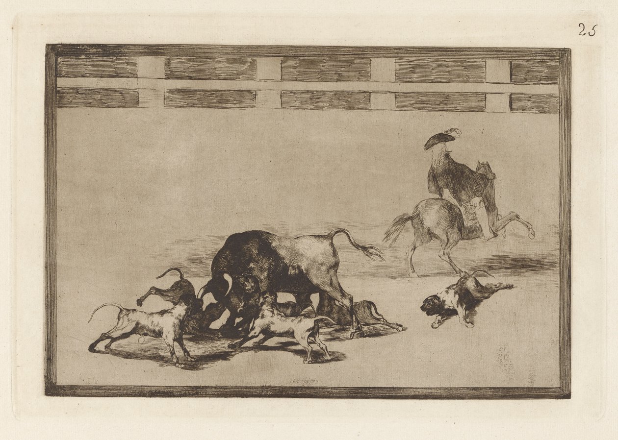 Echan perros al toro, Plaat 25 uit La tauromaquia door Francisco de Goya