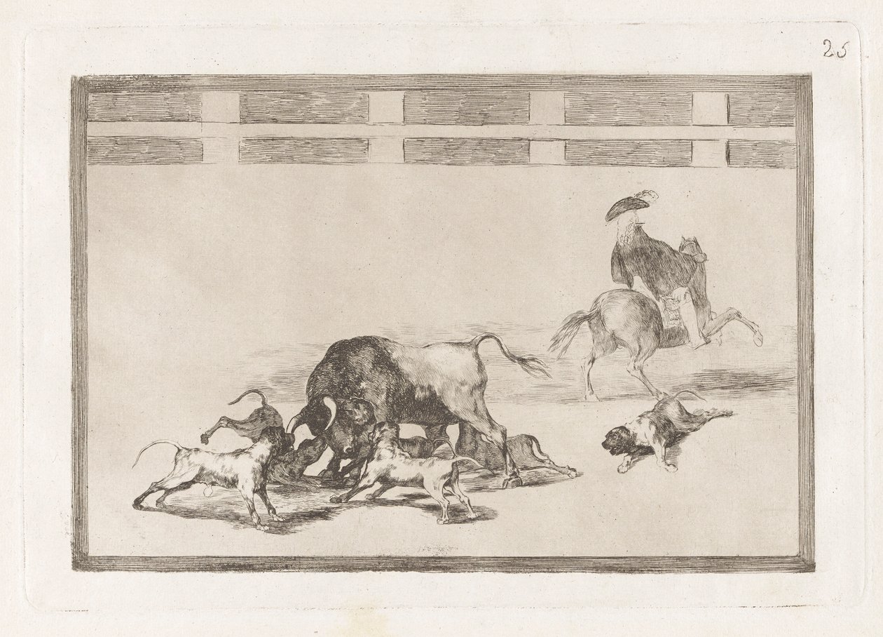 Echan perros al toro (Ze laten honden los op de stier), Plaat 25 uit La tauromaquia door Francisco de Goya