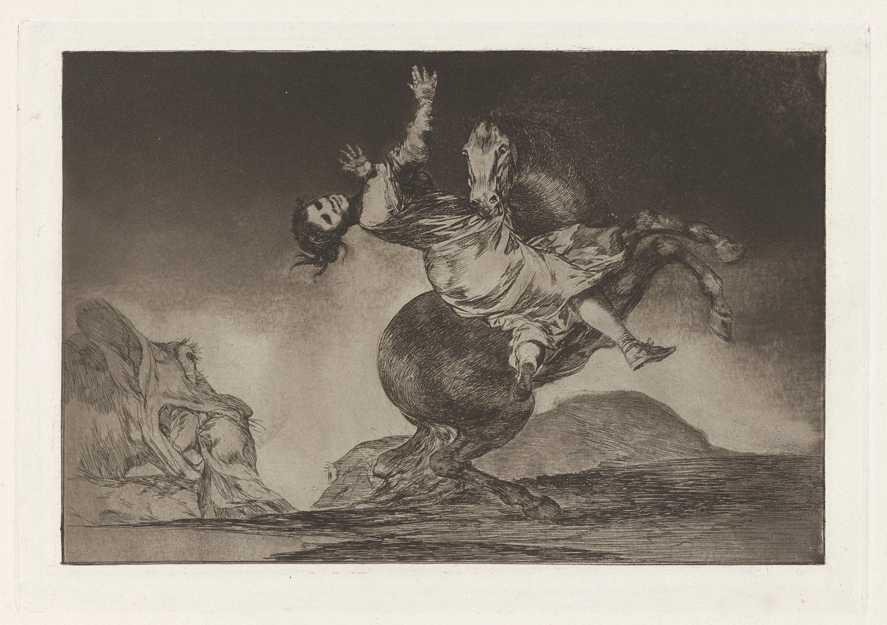 De paardenrover, ook bekend als De vrouw en het paard, laat iemand anders ze temmen, uit de serie Los disparates door Francisco de Goya