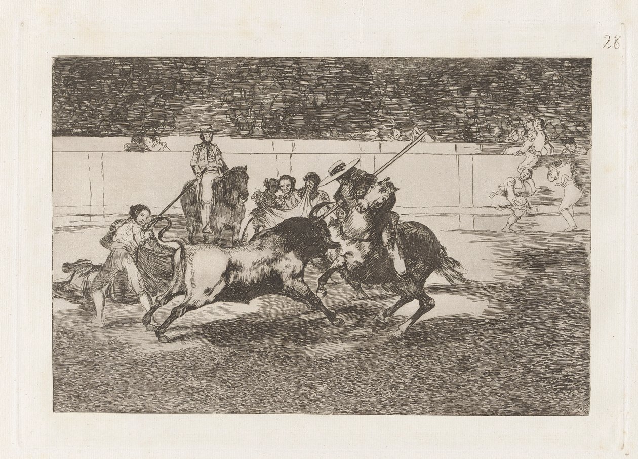 El esforzado Rendon picando un toro, de cuya suerte muri? en la plaza de Madrid (De krachtige Rendon steekt een stier met de piek, van welke pas hij stierf in de ring van Madrid), Plaat 28 uit La tauromaquia door Francisco de Goya