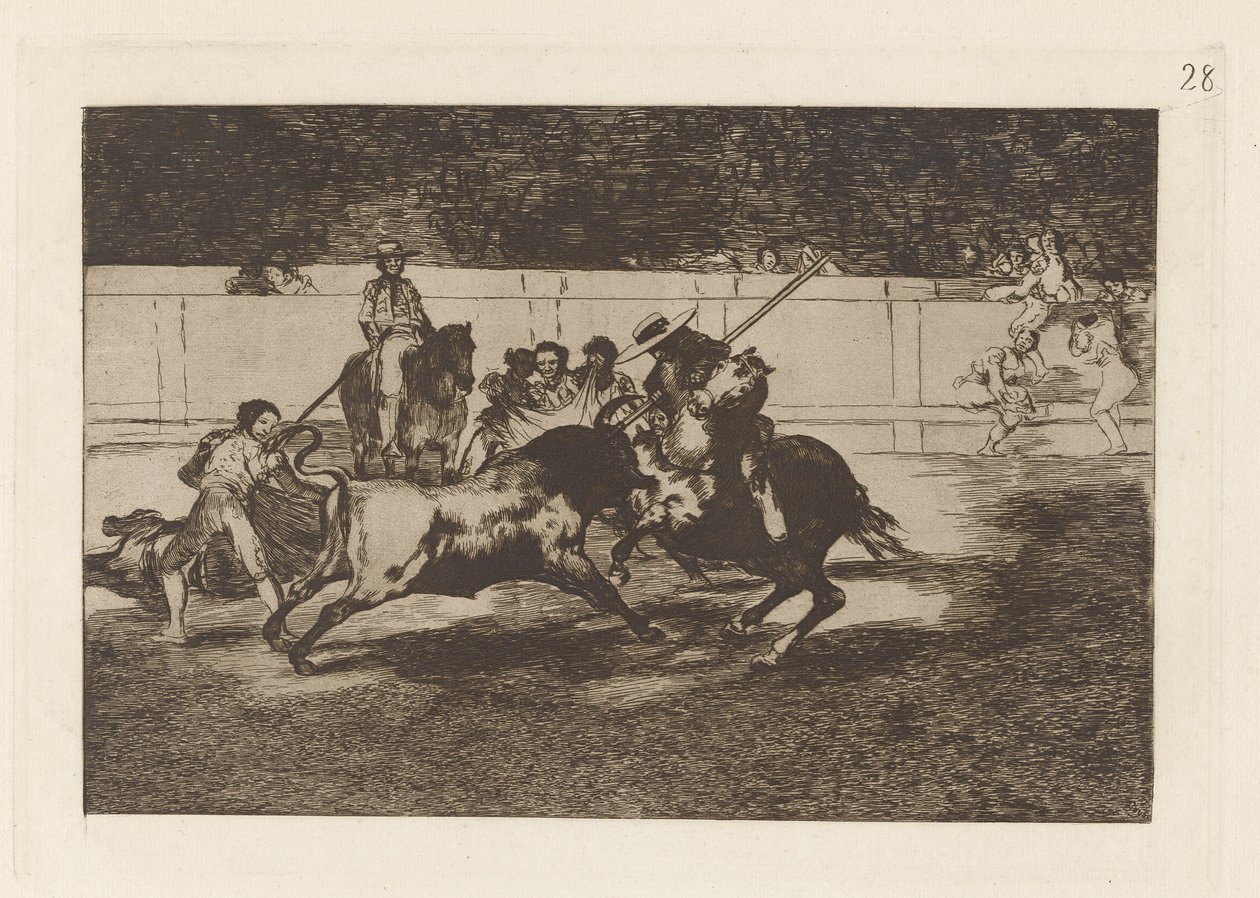 El esforzado Rendon die een stier steekt, van welke pas hij stierf in de arena van Madrid, Plaat 28 uit La tauromaquia door Francisco de Goya