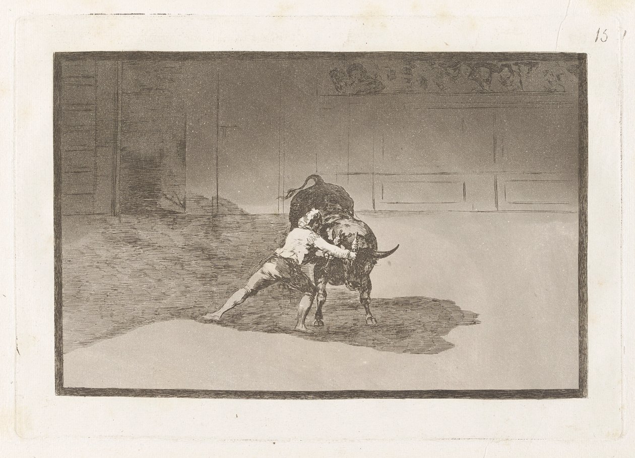 De Beroemde Martincho Plaatst de Banderillas en Speelt de Stier met de Beweging van zijn Lichaam, Plaat 15 uit La tauromaquia door Francisco de Goya