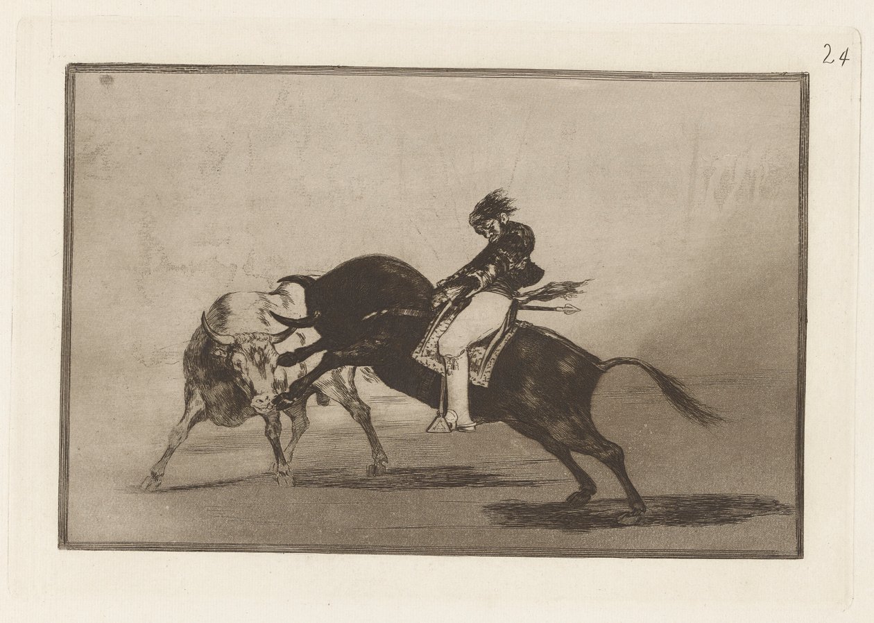 El mismo Ceballos montado sobre otro toro quiebra rejones en la plaza de Madrid (Dezelfde Ceballos op een andere stier breekt korte speren in de ring van Madrid), Plaat 24 uit La tauromaquia door Francisco de Goya