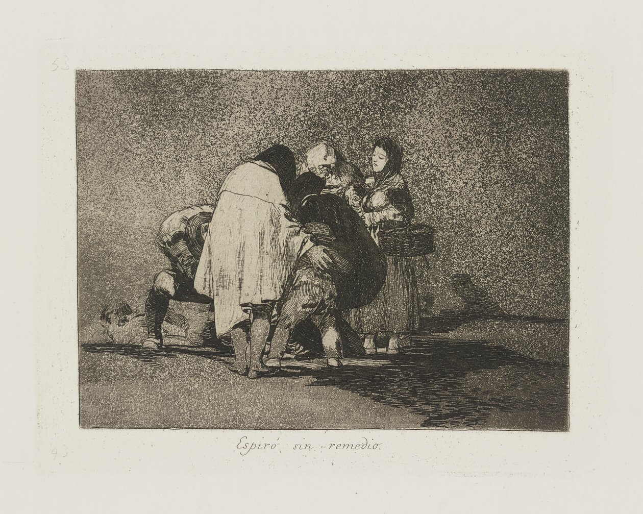 Espiré sin remedio. (Er Was Niets Aan Te Doen en Hij Stierf.), pl. 53 uit de serie Los desastres de la guerra (De Rampen van de Oorlog) door Francisco de Goya