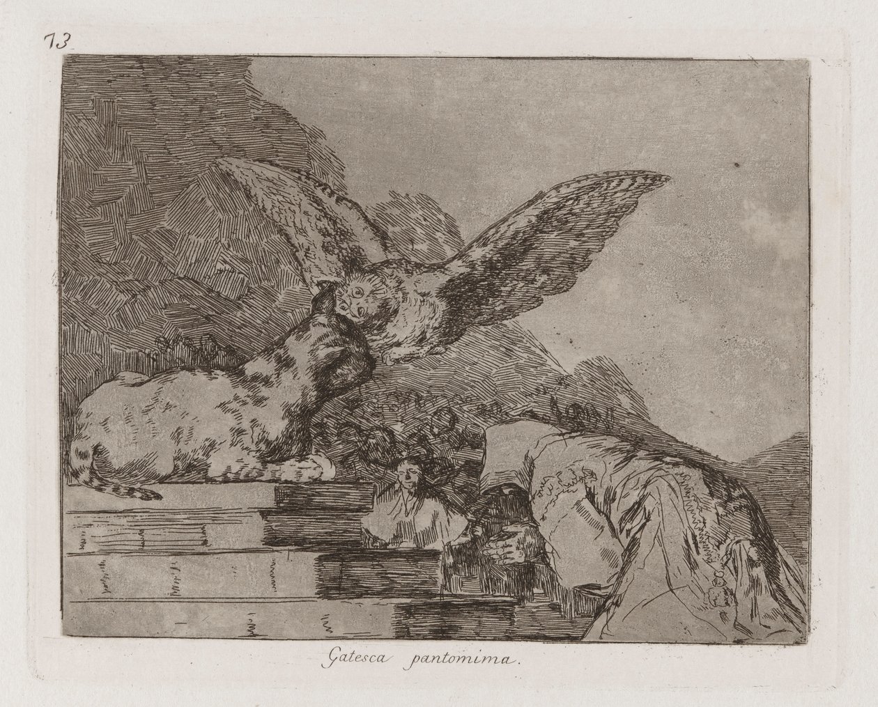 Gatesca pantomima (Feline Pantomime), Plaat 73 uit Los desastres de la guerra (De Rampen van de Oorlog) door Francisco de Goya