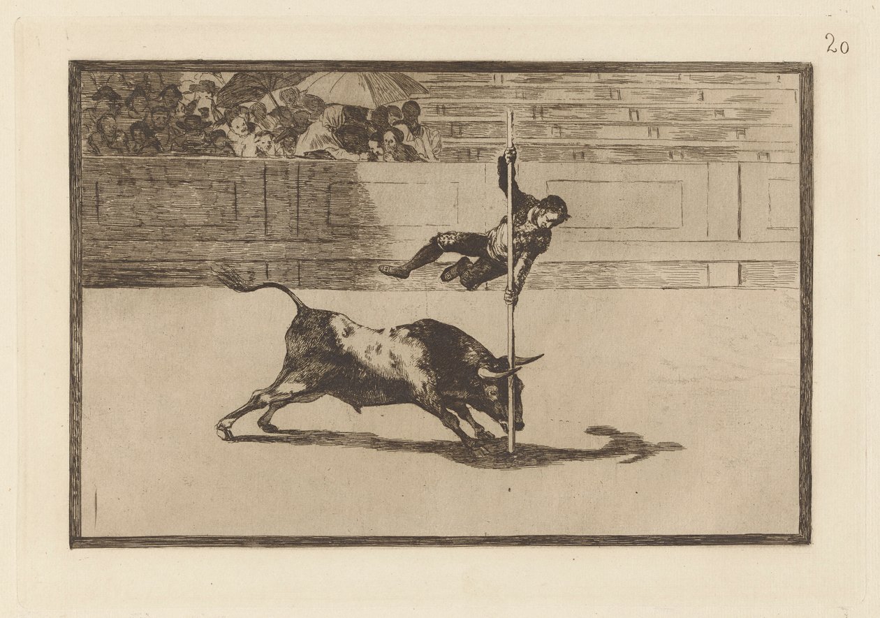 Ligereza y atrevimiento de Juanito Apiñani en de Madrid (De behendigheid en durf van Juanito Apinani in [de ring] in Madrid), Plaat 20 van La tauromaquia door Francisco de Goya
