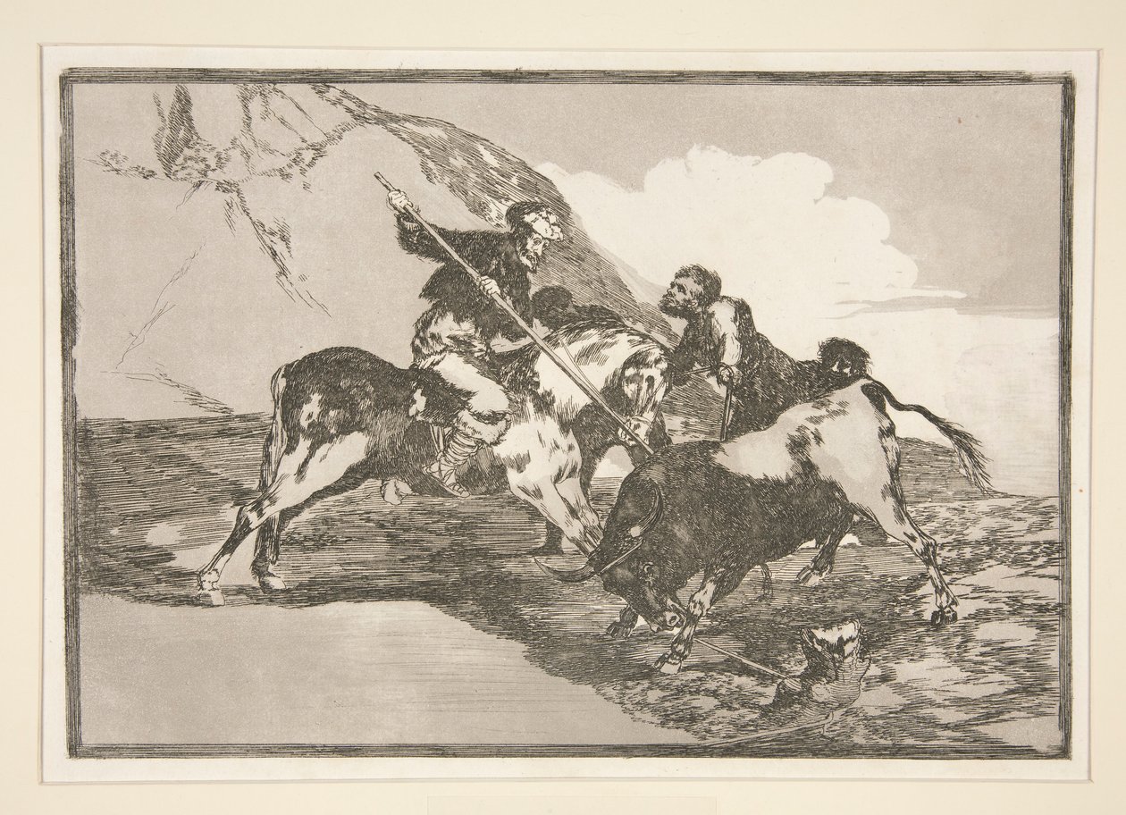 De manier waarop de oude Spanjaarden stieren te paard in het open veld jaagden, pl. 1 uit de serie La tauromaquia door Francisco de Goya