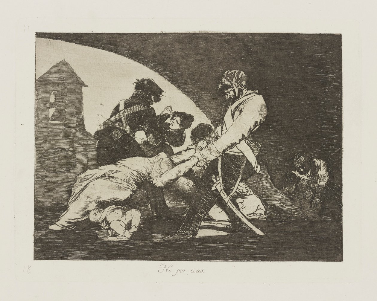 Ni por esas., pl. 11 uit de serie Los desastres de la guerra door Francisco de Goya