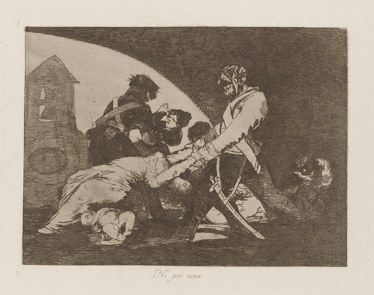 Ni por esas (Noch deze), pl. 11 uit de serie Los desastres de la guerra (De rampen van de oorlog) door Francisco de Goya