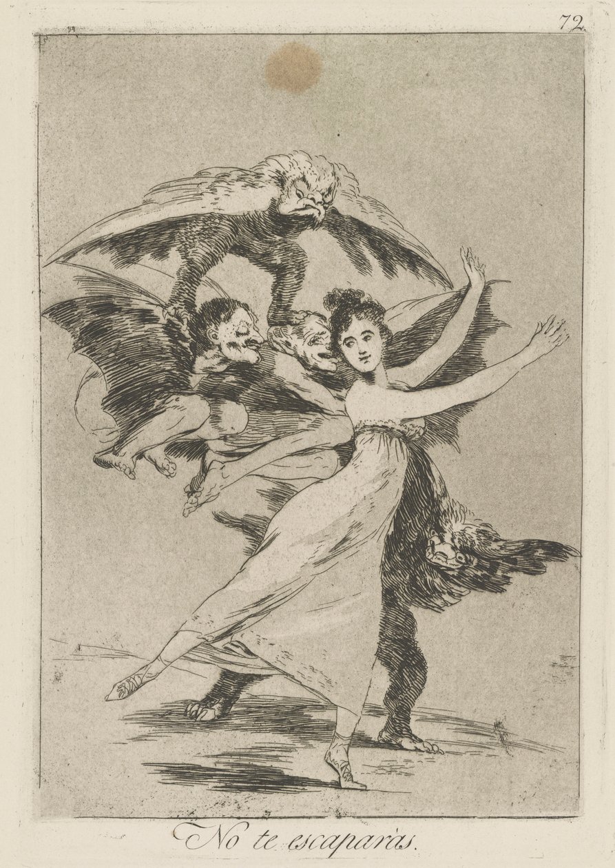 No te escaparás. (Je zult niet ontsnappen.), pl. 72 uit de serie Los caprichos door Francisco de Goya