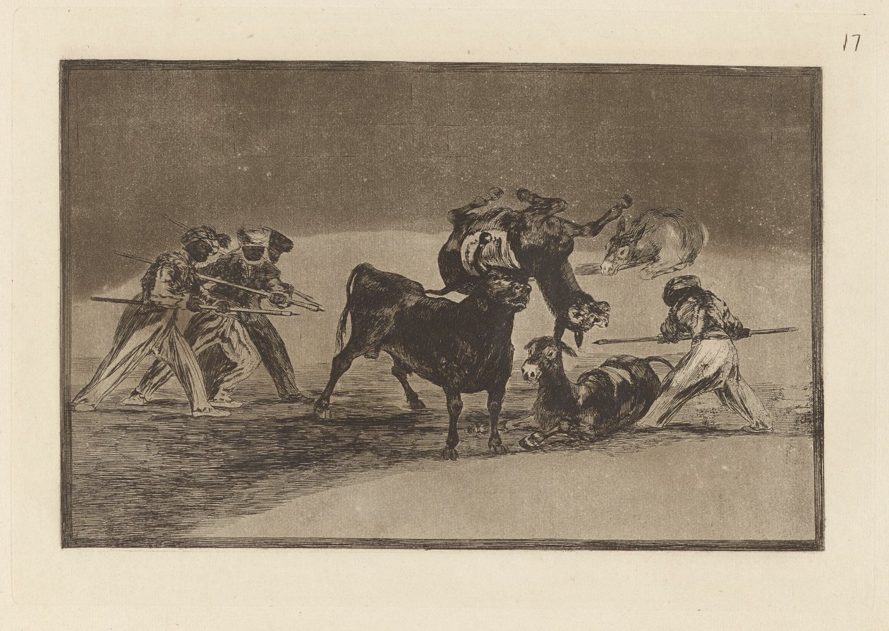 De Moren gebruiken ezels als barrière om zichzelf te verdedigen tegen de stier waarvan de hoorns zijn voorzien van ballen, Plaat 17 uit La tauromaquia door Francisco de Goya
