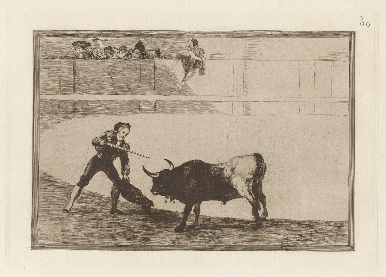 Pedro Romero doodt de stilstaande stier, Plaat 30 uit La tauromaquia door Francisco de Goya