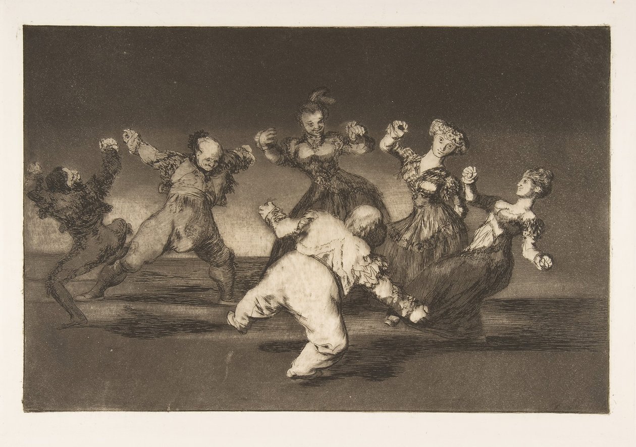 Plaat 12 uit de Disparates: Als Marion wil dansen, dan heeft ze..., ca. 1816-23 gepubliceerd 1864 door Francisco de Goya