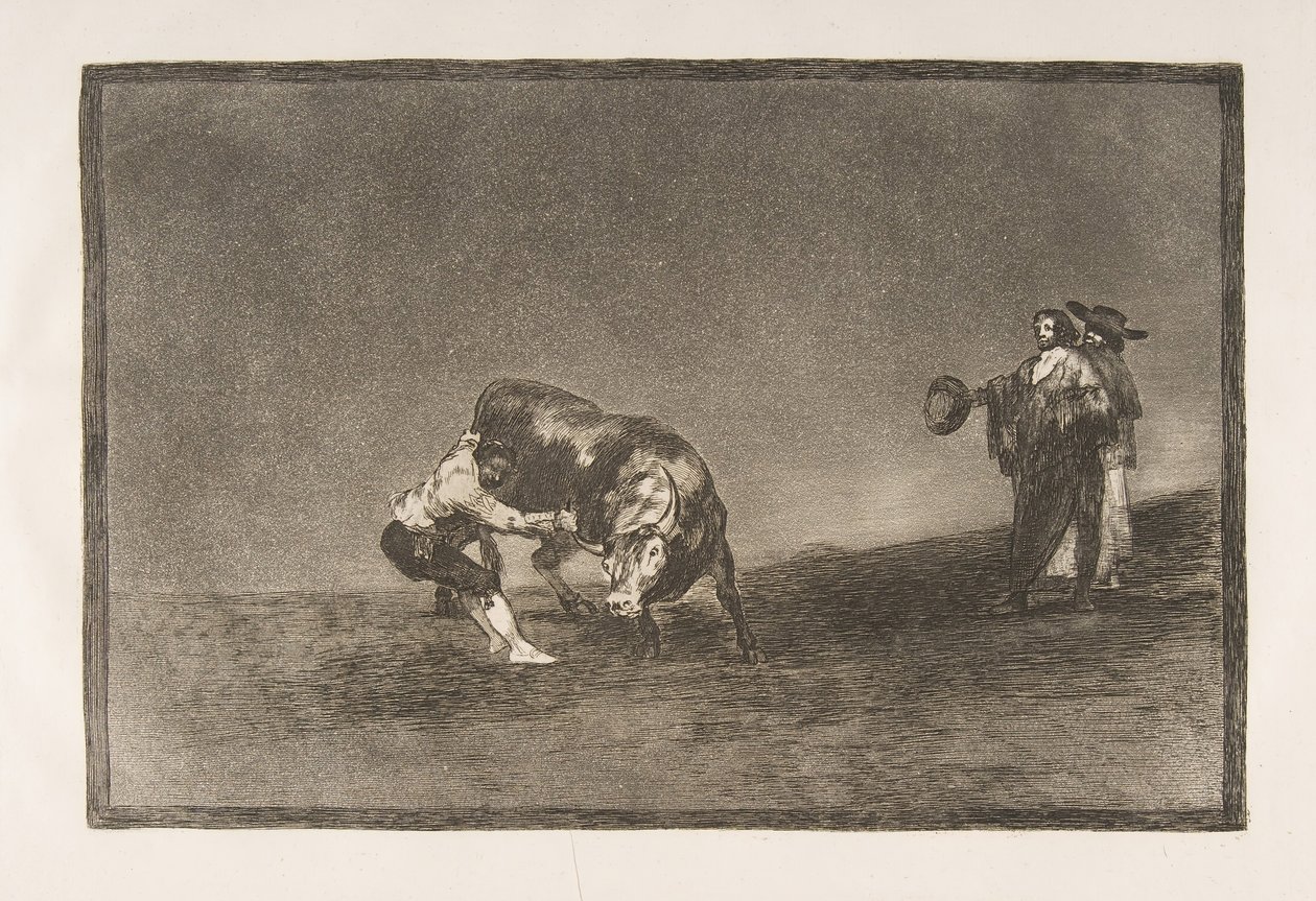 Plaat 16 van de Tauromaquia: Dezelfde man werpt een stier in de arena in Madrid, 1816 door Francisco de Goya