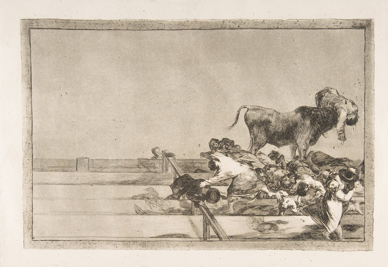 Plaat 21 uit de Tauromaquia: Verschrikkelijke gebeurtenissen in de voorste rijen van de arena in Madrid, 1816 door Francisco de Goya