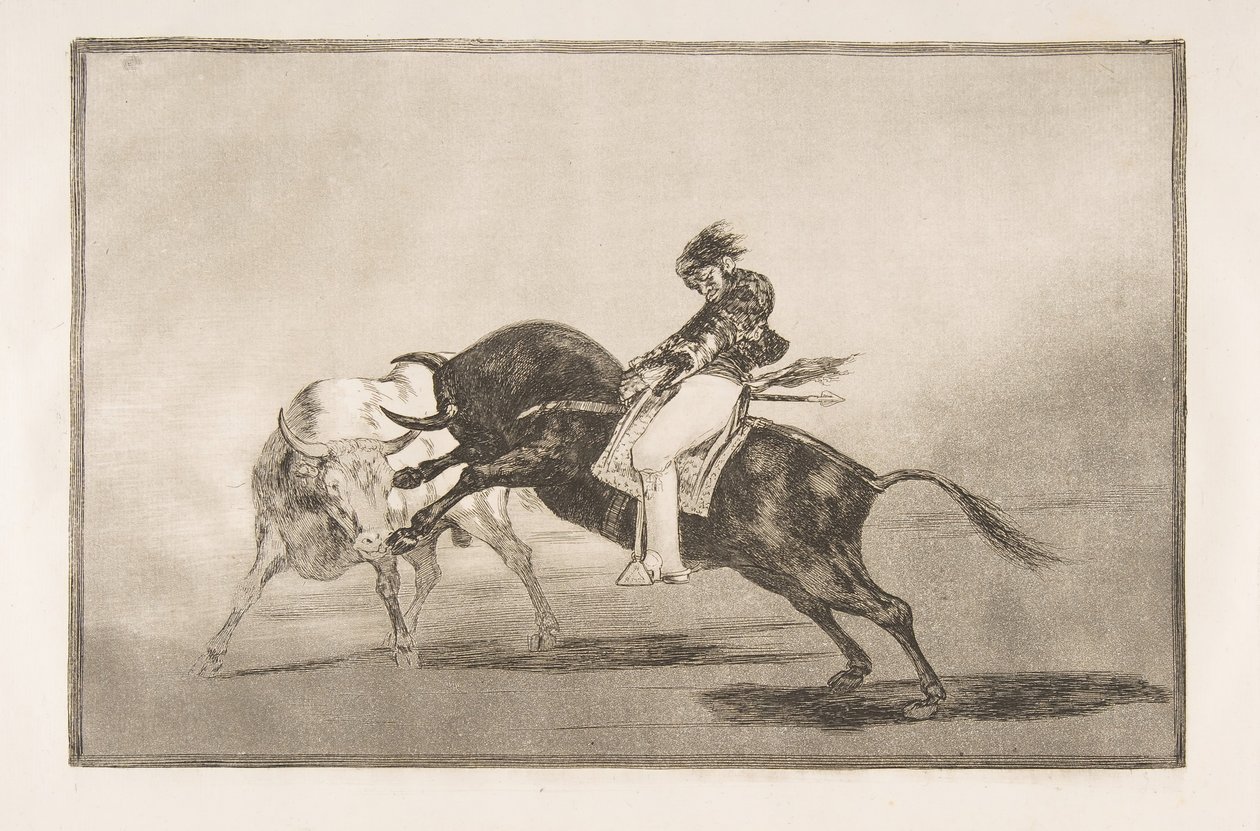 Plaat 24 van de Tauromaquia: Dezelfde Ceballos op een andere stier breekt korte speer..., 1816 door Francisco de Goya