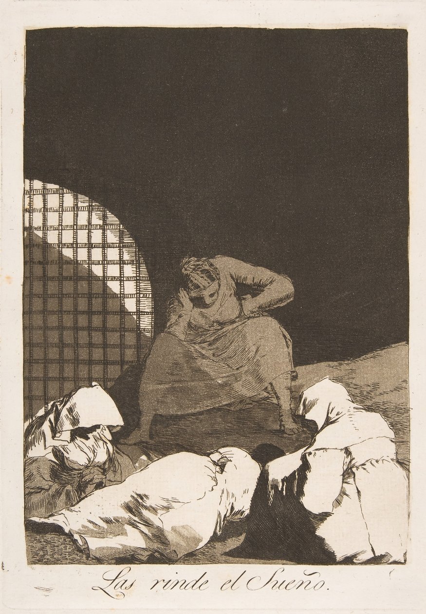 Plaat 34 uit Los Caprichos: De slaap overweldigt hen Las rinde el Sueño, 1799 door Francisco de Goya