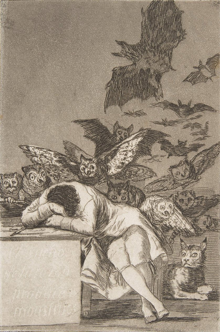 Plaat 43 uit Los Caprichos: De slaap van de rede brengt monsters voort, 1799, gepubliceerd 1908-12 door Francisco de Goya