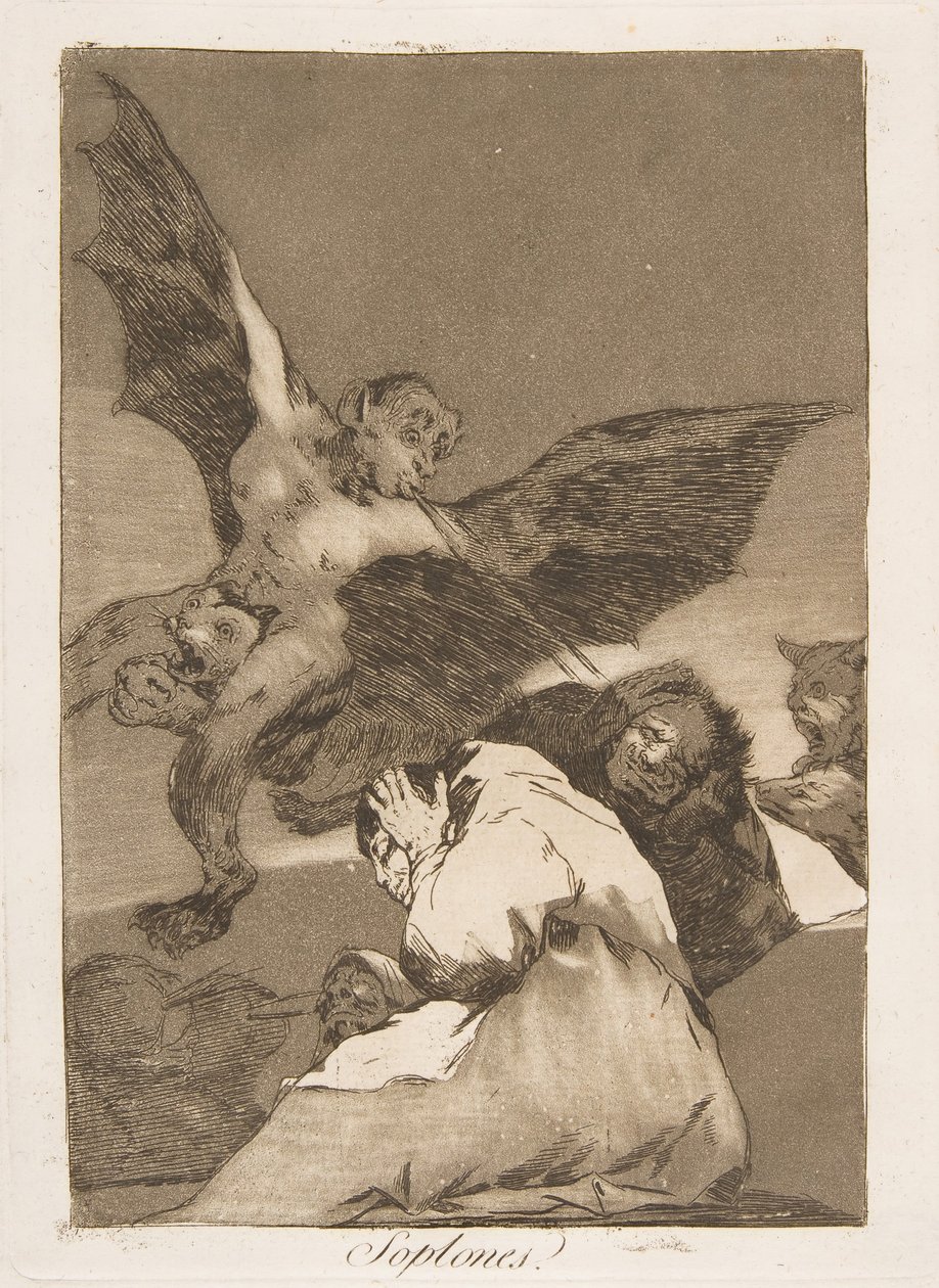 Plaat 48 uit Los Caprichos: Roddelaren - Windvlagen door Francisco de Goya