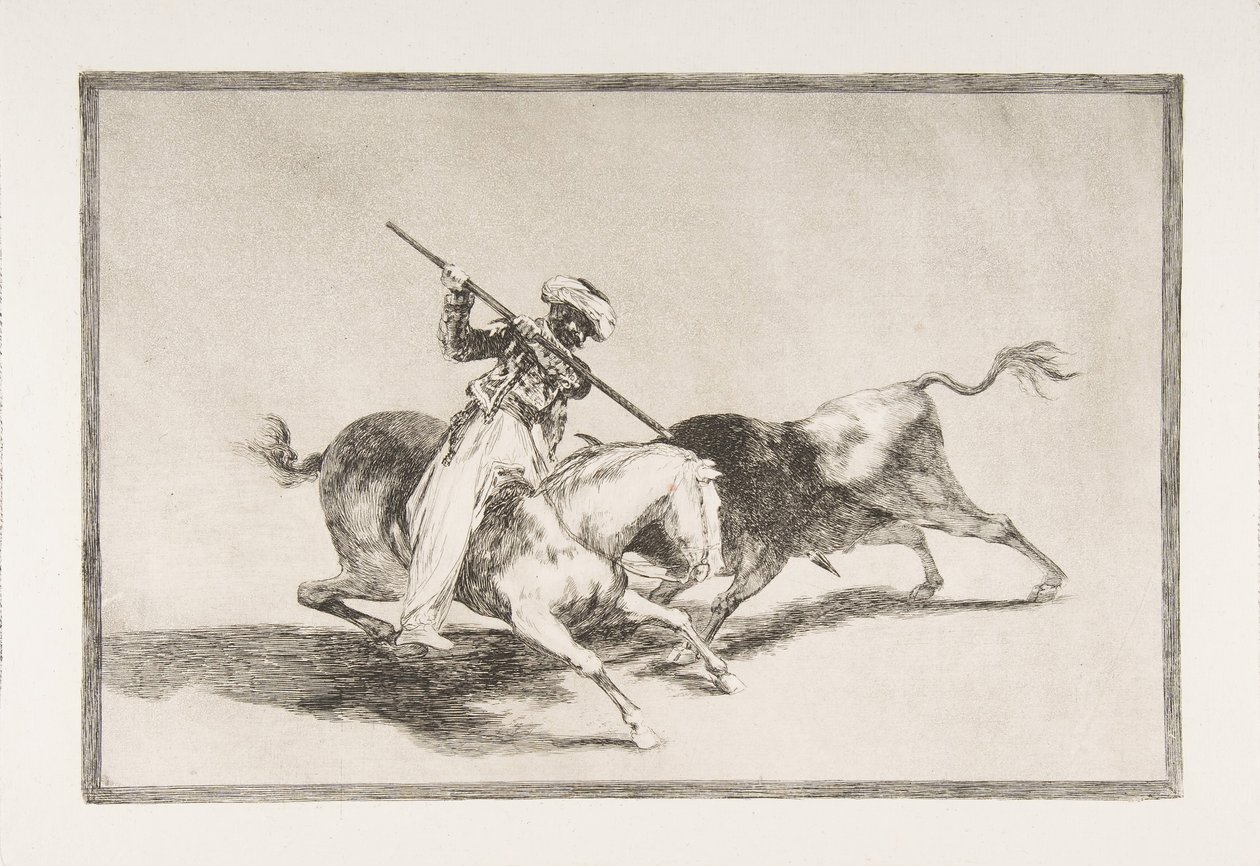 Plaat 5 uit De Tauromaquia: De vurige Moor Gazul is de eerste die stieren spiest, 1816 door Francisco de Goya