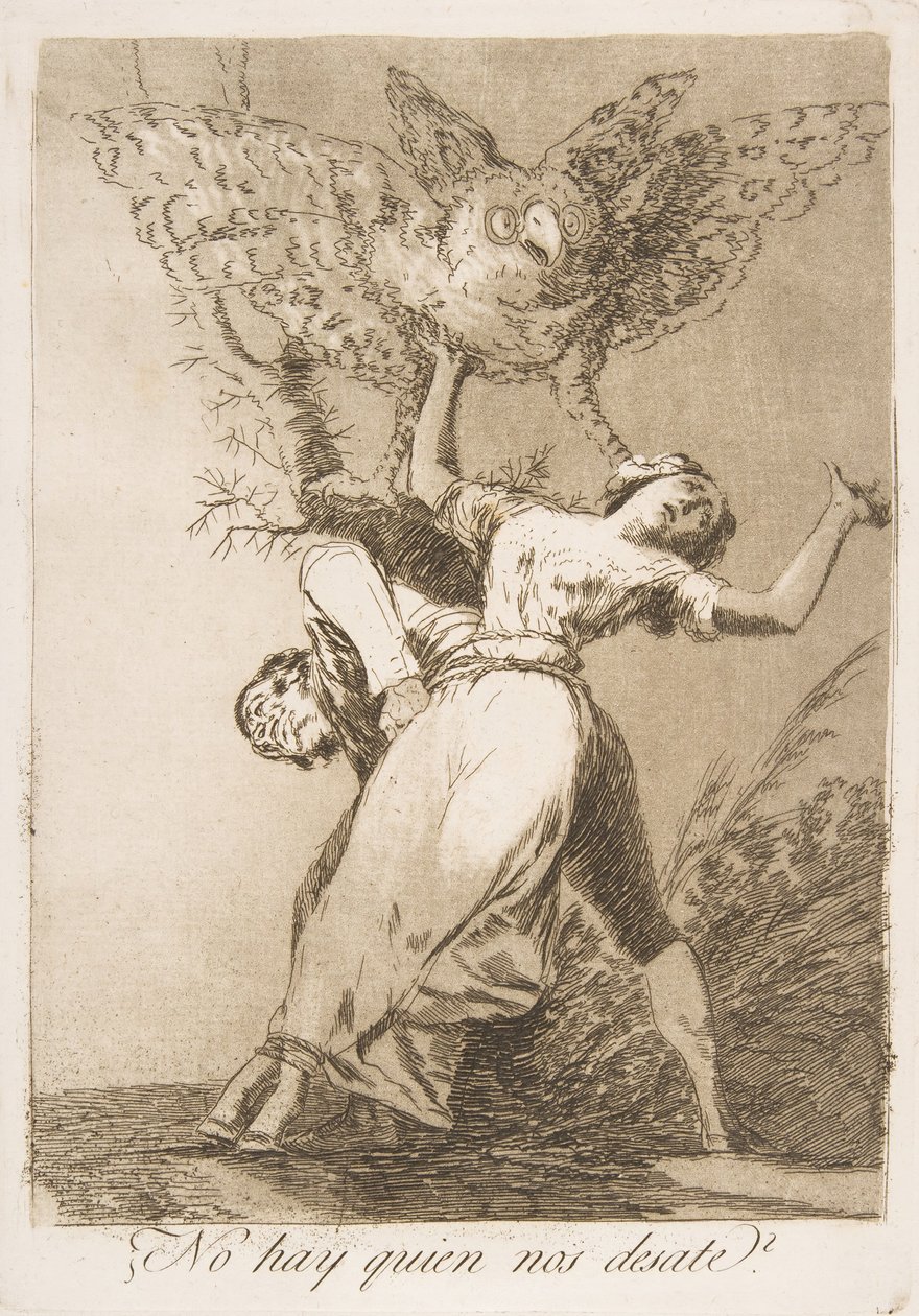 Plaat 75 uit Los Caprichos: Is er niemand om ons los te maken ¿No hay quien nos desate door Francisco de Goya
