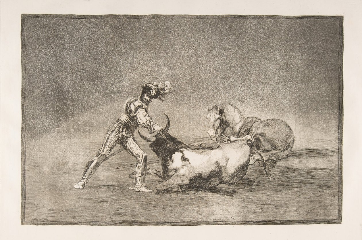 Plaat 9 van de Tauromaquia: Een Spaanse ridder doodt de stier nadat hij zijn paard heeft verloren, 1816 door Francisco de Goya