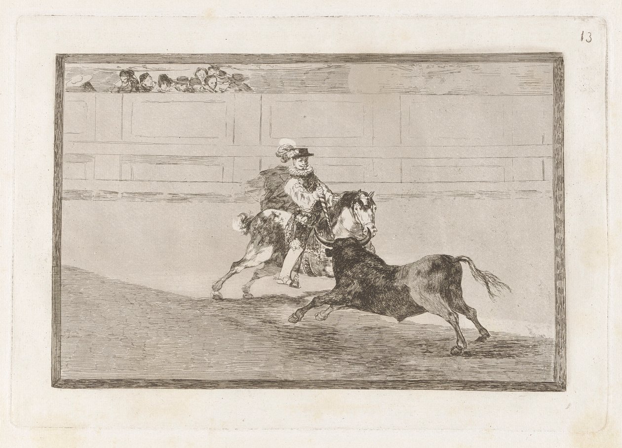 Een Spaanse ridder in de ring die korte speren breekt zonder de hulp van assistenten, Plaat 13 uit La tauromaquia door Francisco de Goya