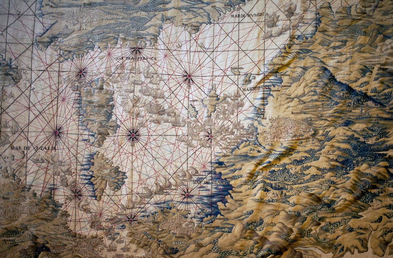 Kaart van de Middellandse Zee - Detail van de verovering van Tunis (Tunesië) - Wandtapijt door Francisco en Cornelius Van der Ggot (18e eeuw) door Francisco Ignacio Vandergoten Canyuwell