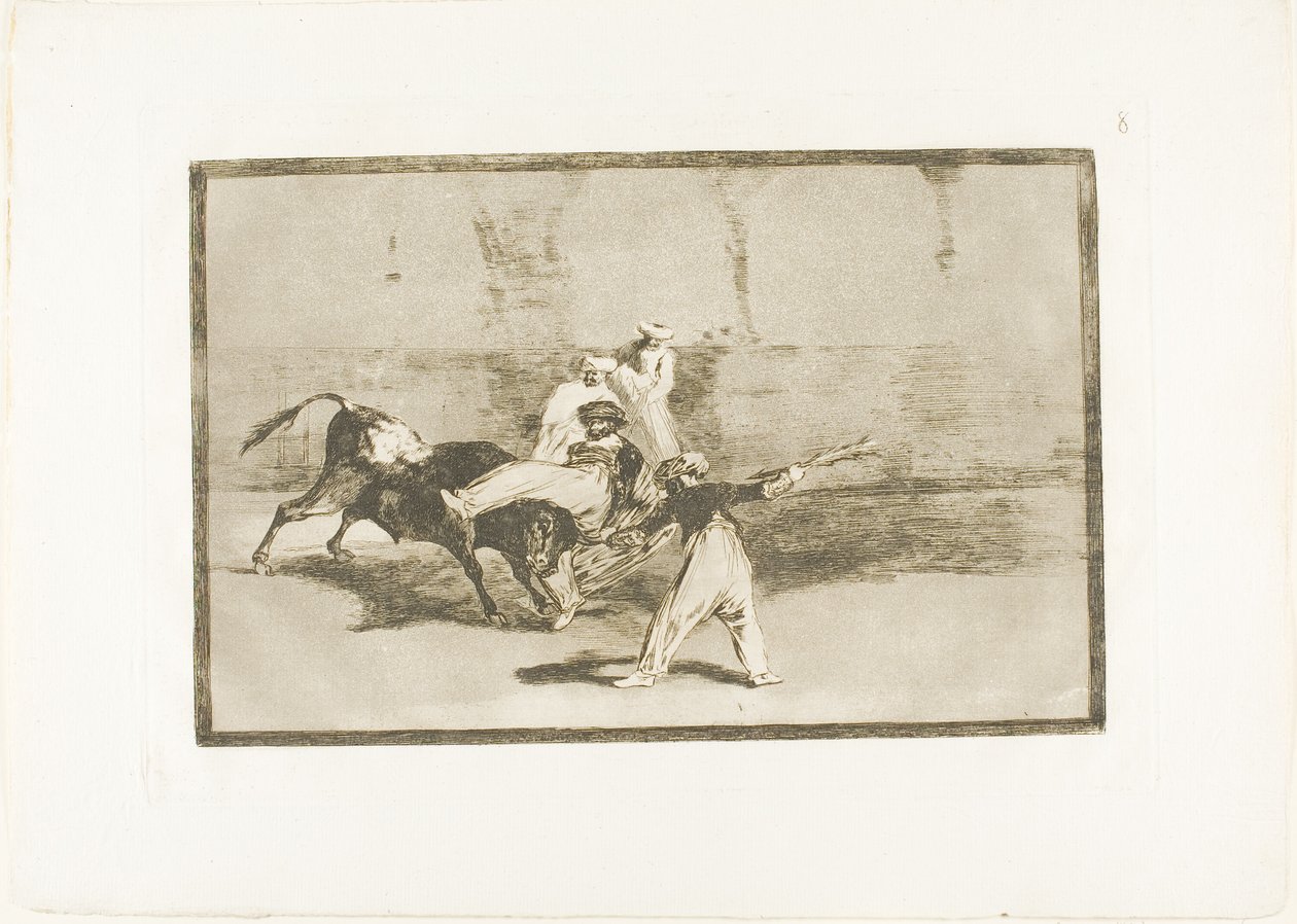 Een Moor gevangen door de stier in de ring, plaat 8 uit De kunst van het stierenvechten door Francisco Jose de Goya y Lucientes
