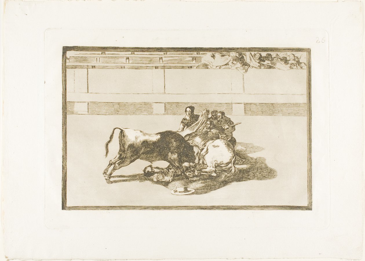 Een picador wordt van zijn paard geworpen en valt onder de stier, plaat 26 uit De kunst van het stierenvechten door Francisco Jose de Goya y Lucientes