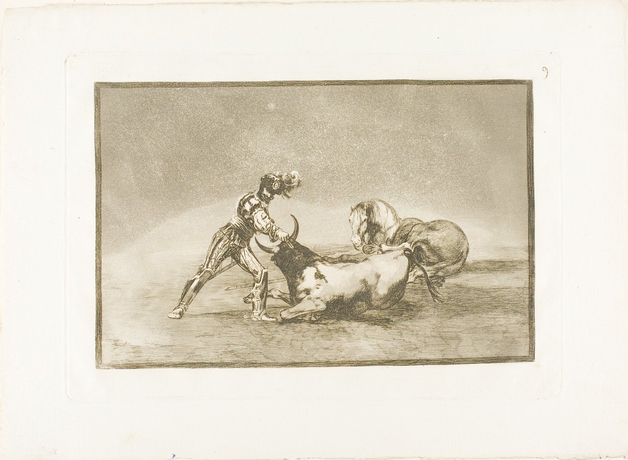 Een Spaanse ridder doodt de stier nadat hij zijn paard heeft verloren, plaat negen uit De kunst van het stierenvechten door Francisco Jose de Goya y Lucientes