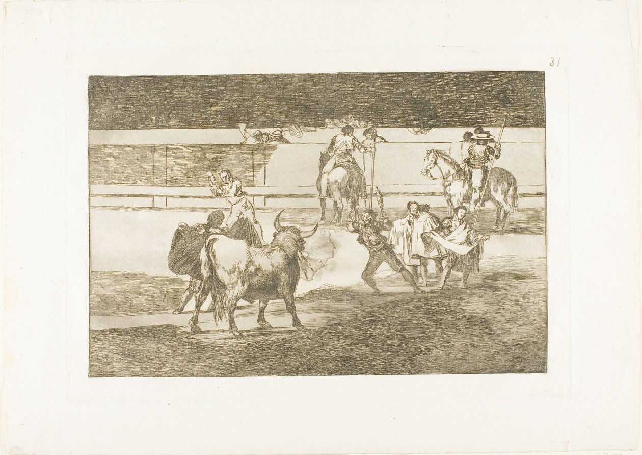 Banderillas met vuurwerk, plaat 31 uit De kunst van het stierenvechten door Francisco Jose de Goya y Lucientes