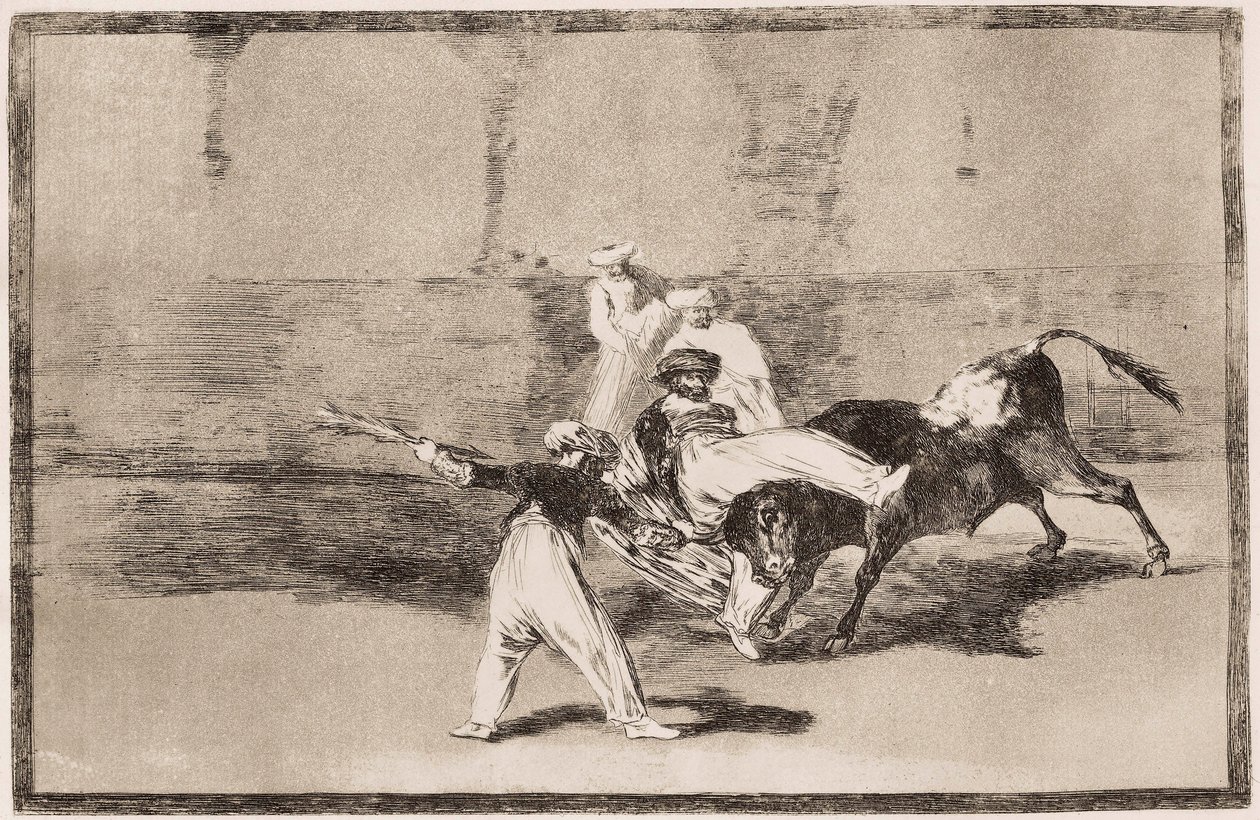 Stierenvechten: Een Moor krijgt een hoornstoot in de arena door Francisco de Goya