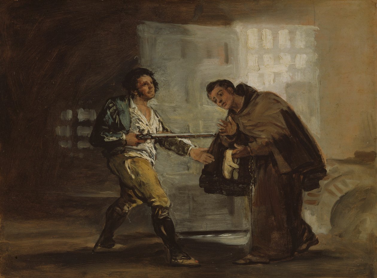 Broeder Pedro biedt El Maragato schoenen aan en bereidt zich voor om zijn geweer opzij te schuiven door Francisco Jose de Goya y Lucientes
