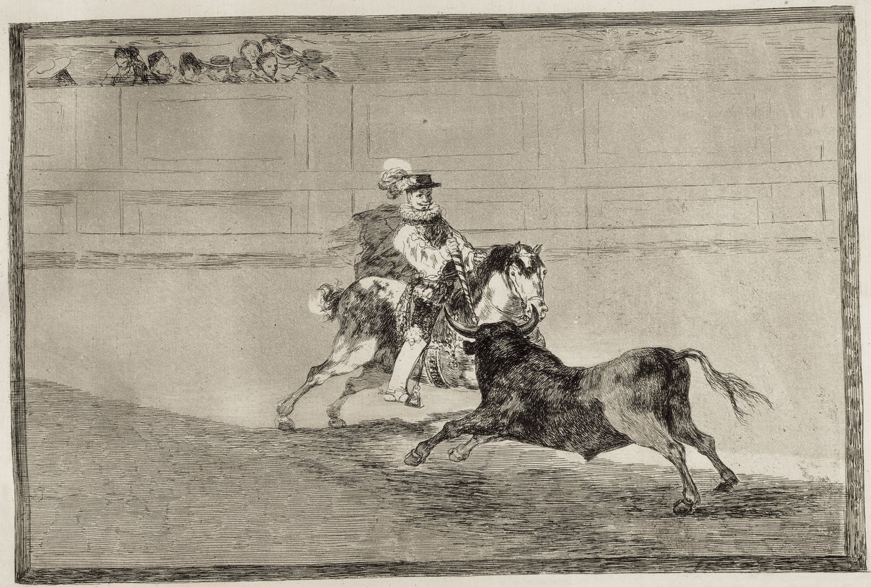 Een Spaanse ridder te paard in de ring die korte speren breekt zonder hulp van assistenten. 1816. Ets. Spanje. Madrid. Nationale Bibliotheek door Francisco Jose de Goya y Lucientes
