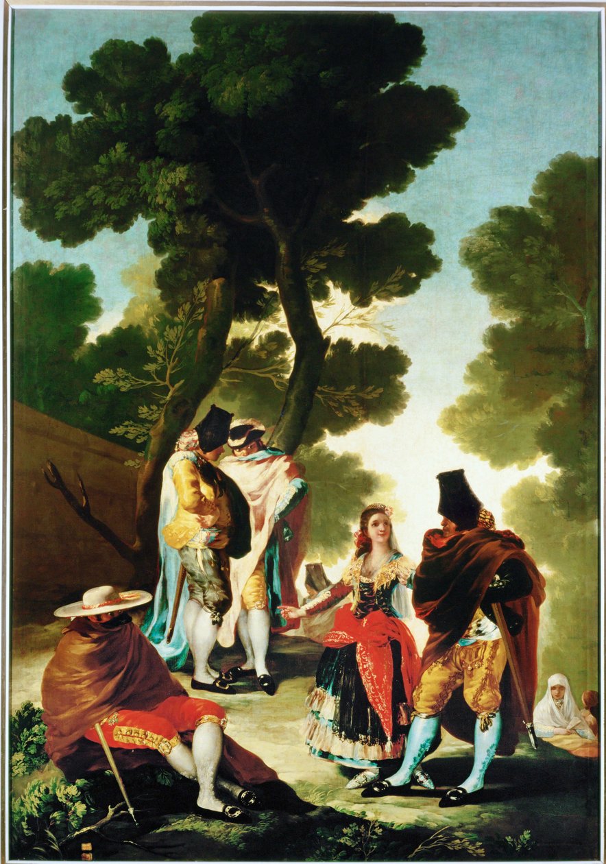 La maja y los Embozados - de maja en de gemaskerde mannen, cartoon voor het wandtapijt 40-06-09/42 ... (schilderij op doek) door Francisco Jose de Goya y Lucientes