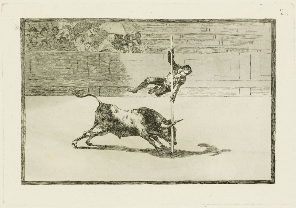 Lichtvoetigheid en durf van Juanito Apiniani in de arena van Madrid / Wendbaarheid en durf van Juanito Apiani in de arena van Madrid (Tauromaquia 20) door Francisco Jose de Goya y Lucientes