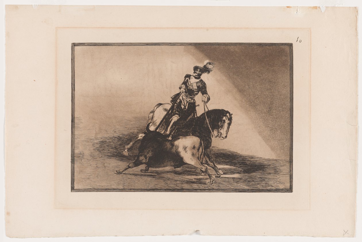 Plaat 10 uit La Tauromaquia: Karel V steekt een stier in de ring in Valladolid, 1816, gedrukt 1876 (ets en aquatint op vergé papier) door Francisco Jose de Goya y Lucientes
