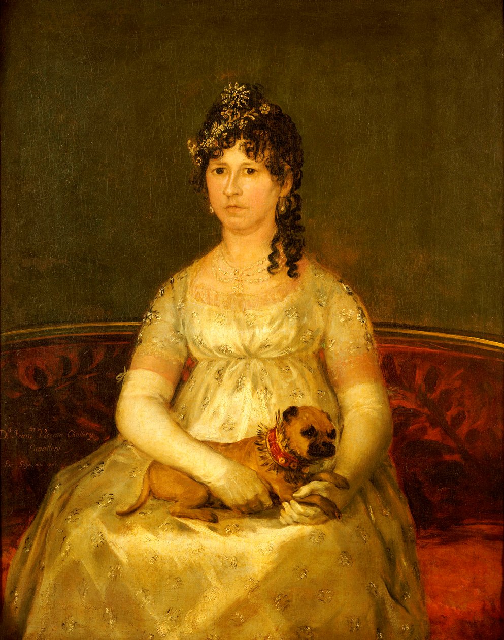 Portret van Dona Francisca Vicenta Chollet y Caballero, zittend, driekwart lengte, met een schoothondje, 1806 door Francisco de Goya