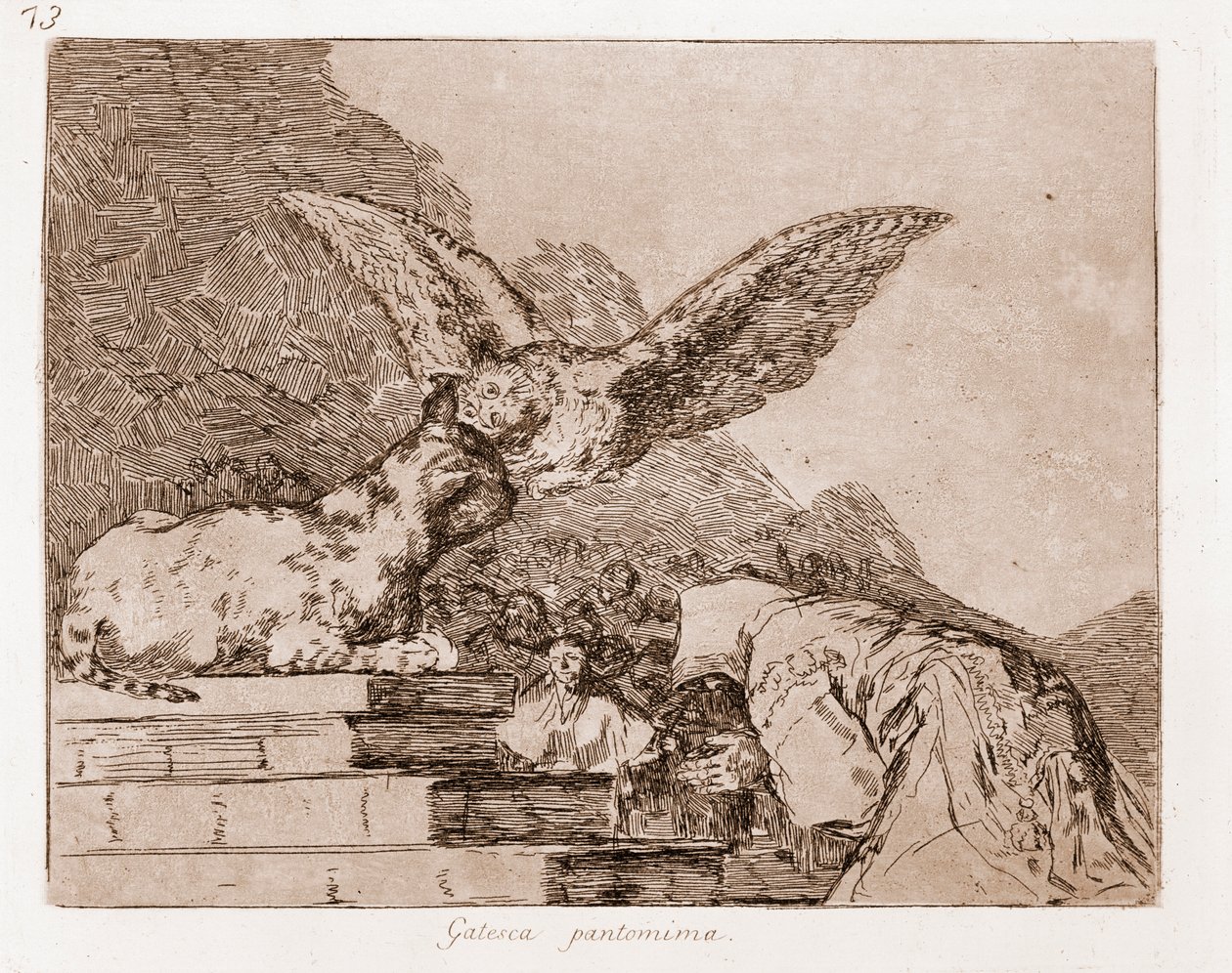 De rampen van de oorlog: Kattenpantomime (ets van voorbereidende tekening) door Francisco de Goya