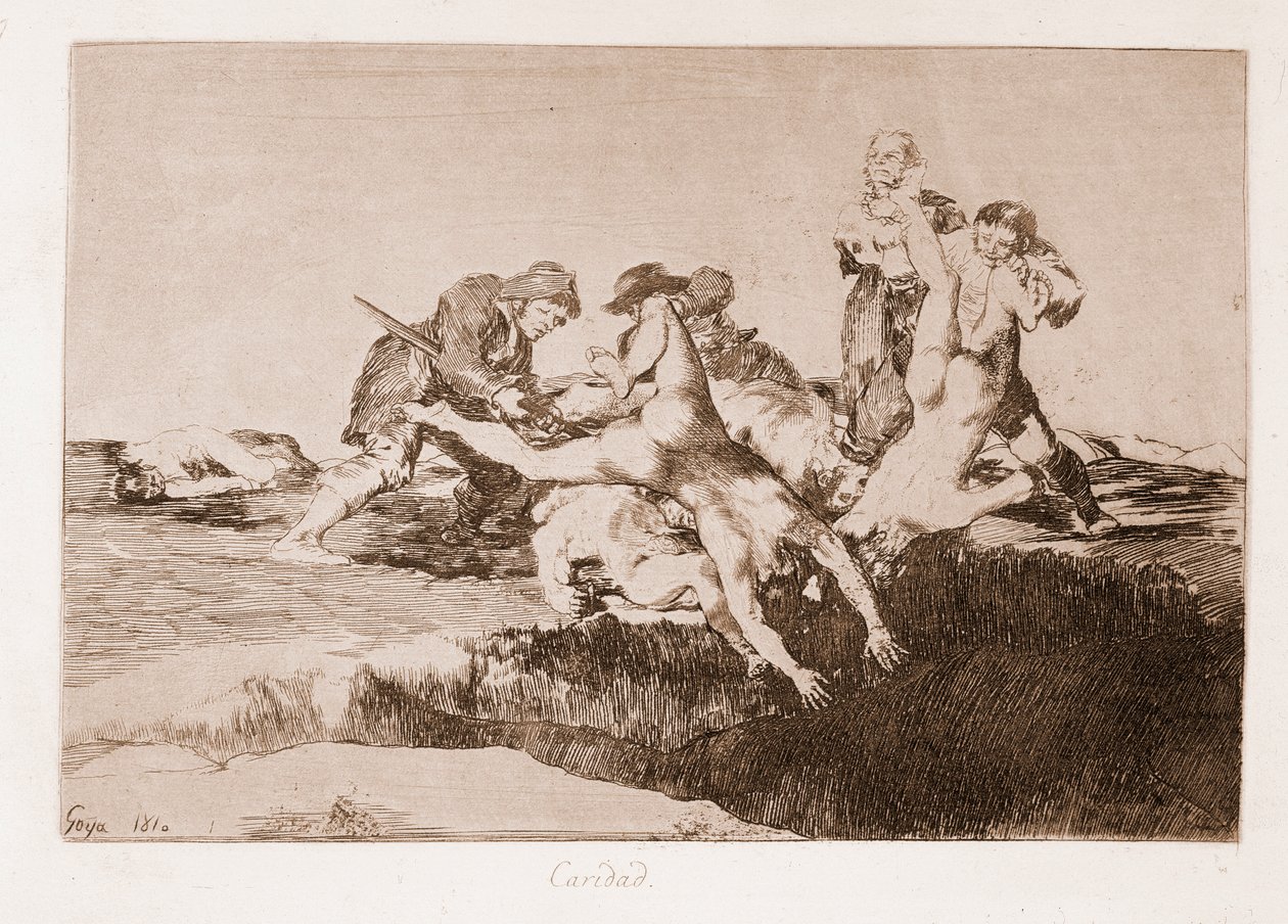 De rampen van de oorlog: Liefdadigheid (gravure naar tekening) door Francisco de Goya
