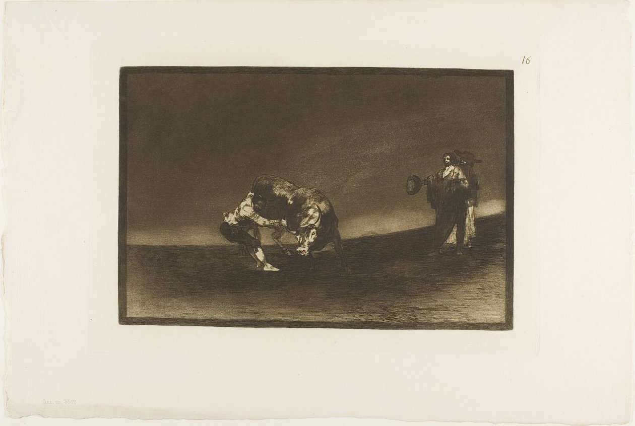 Dezelfde man gooit een stier in de ring in Madrid, plaat 16 uit De kunst van het stierenvechten door Francisco Jose de Goya y Lucientes