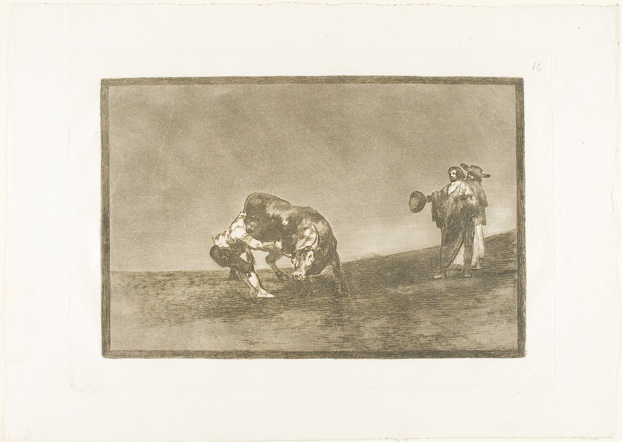 Dezelfde man gooit een stier in de ring in Madrid, plaat 16 uit De kunst van het stierenvechten door Francisco Jose de Goya y Lucientes