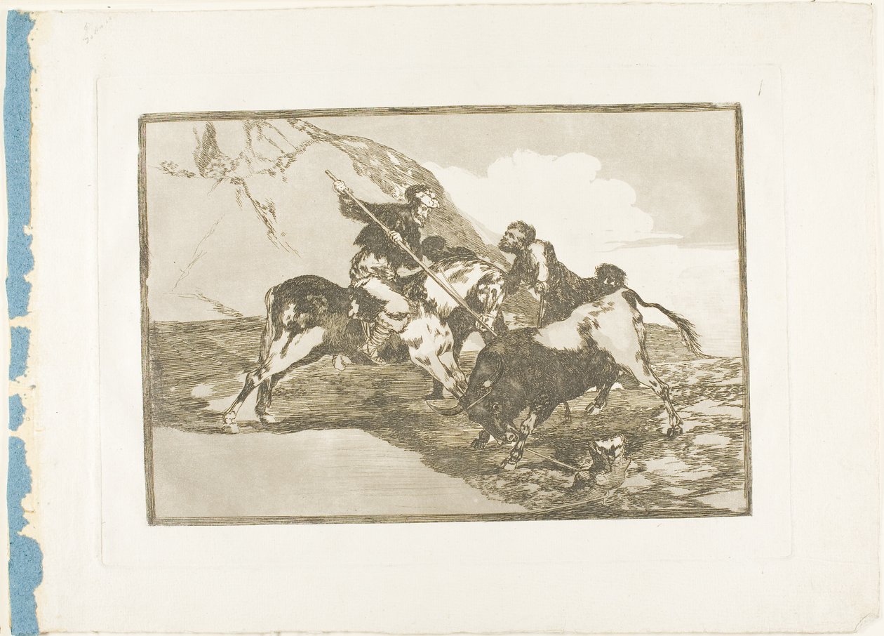 De manier waarop de oude Spanjaarden stieren te paard in het open veld jaagden, plaat één uit De kunst van het stierenvechten door Francisco Jose de Goya y Lucientes