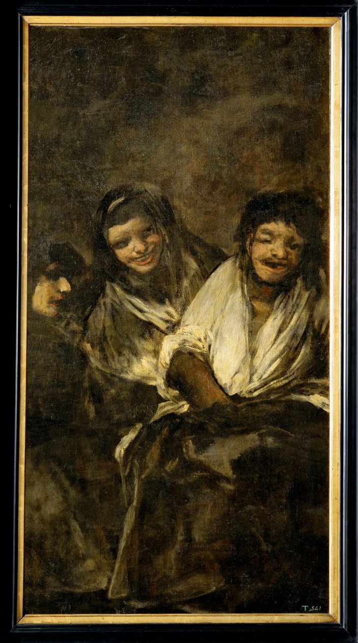 Twee vrouwen en een man (schilderij op doek) door Francisco Jose de Goya y Lucientes